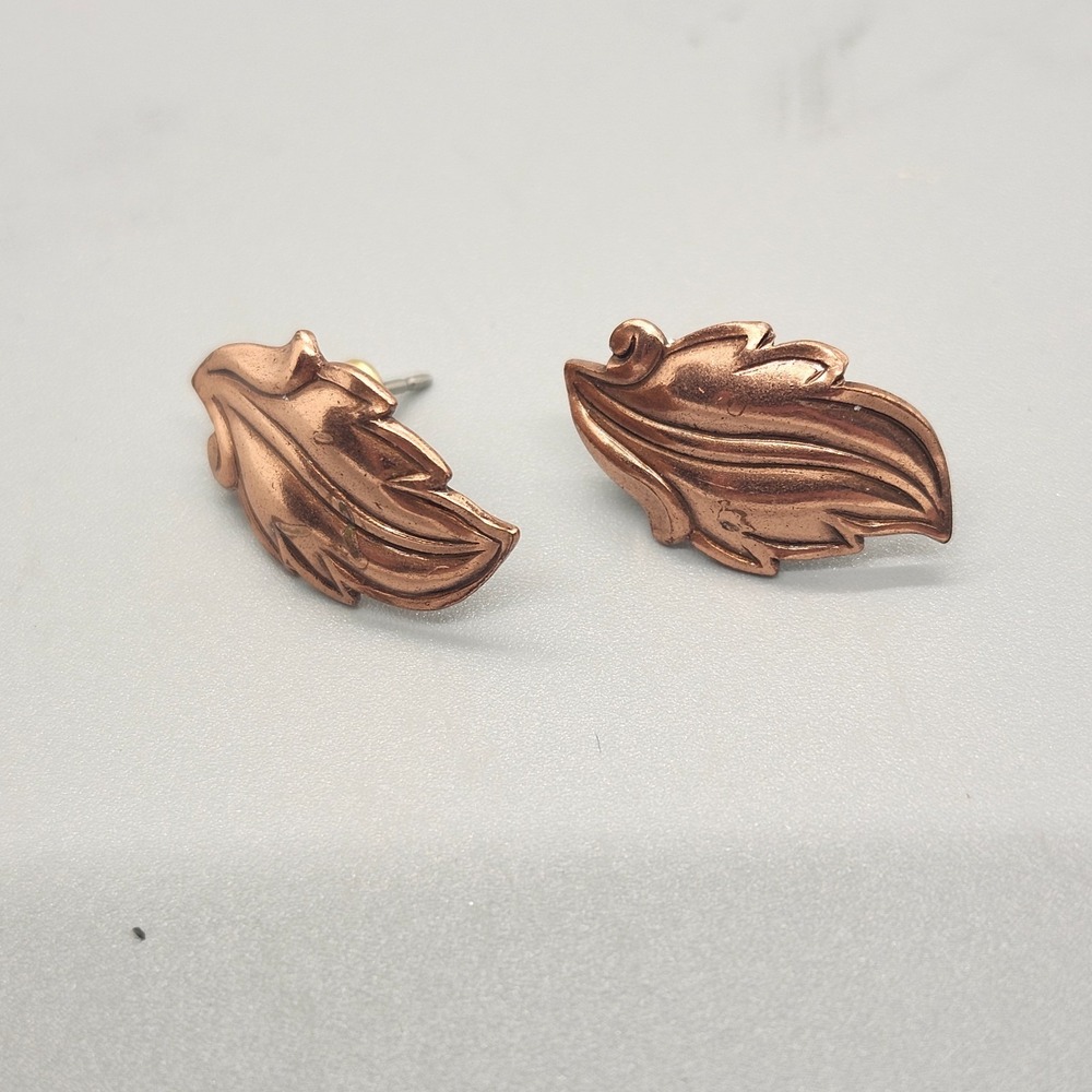 Copper-Tone Brown Leaf Earrings Distressed Finish Patina‎
